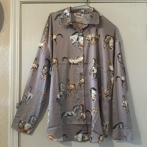 Mazik women’s large button down lavender horse print long sleeve shirt